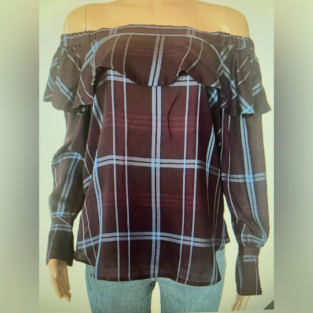 LOFT medium plum plaid ruffle off the shoulder blouse